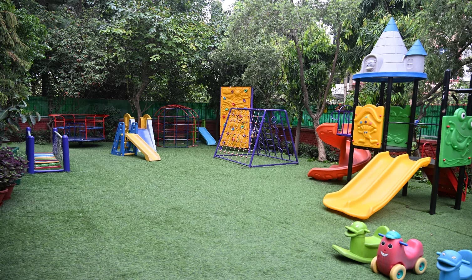 The colourful outdoor play zone at Salwan Montessori School